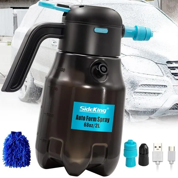 SideKing 0.5Gal/2L Electric Foam Sprayer Car Wash, 60PSI Powerful Car Foam Sprayer with 2 Nozzles, Rechargeable Auto Pressurized Foam Sprayer, Battery Powered Foam Sprayer for Car Home Garden Cleaning