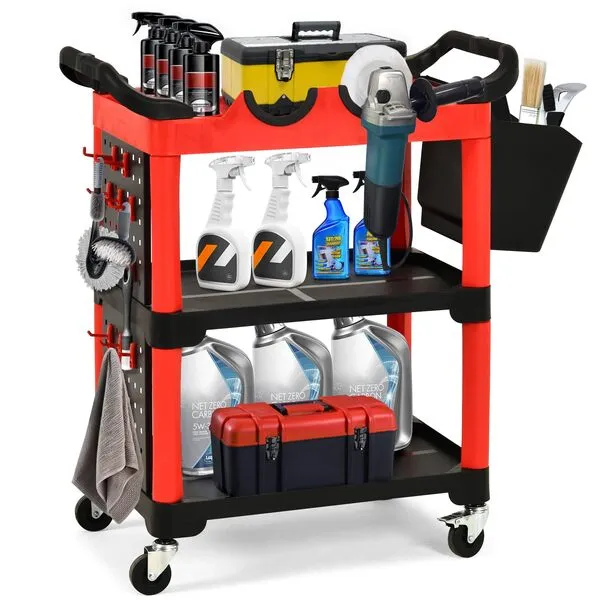 YITAHOME Auto Detailing Cart with Wheels, 3 Tier Rolling Detail Cart with 2 Polisher Brackets, Car Wash Organizer Cart with 2 Hanging Plate & Hooks & Hanging Bucket for Garage, Workshop, Repair Shop