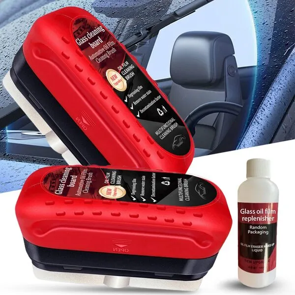 Louisx Glass Cleaning Board, Automotive Oil Film Cleaning Brush, Universal Glass Cleaning Wipe Board, Glass Coating for Windshield, Water Repellant with Refill (Oil film cleaning (2pcs))