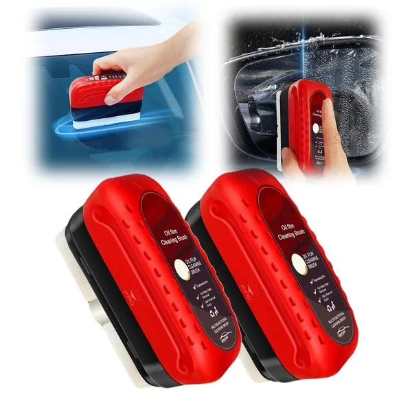 Automotive Oil Film Cleaning Brush - Versatile Glass Cleaning Board with Reusable Foam Sprayer for Windshield and Car Glass Oil Film Removal (2 x Cleaning Brushes, Red)