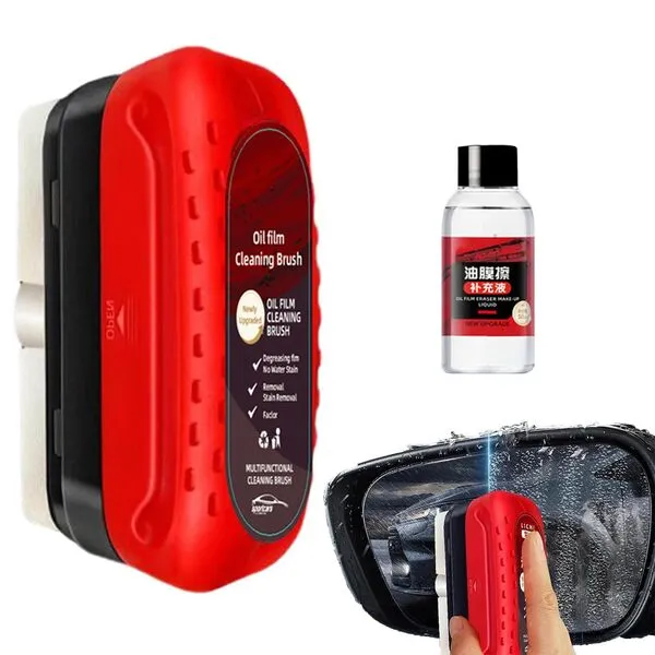 Automotive Oil Film Cleaning Brush, Glass Cleaning Board with All in One Wipe On Car Glass Oil Film Remover, 2024 New Glass Coating for Windshield Prevents Rain And Fog (1PC Brush and 1PC Removers)